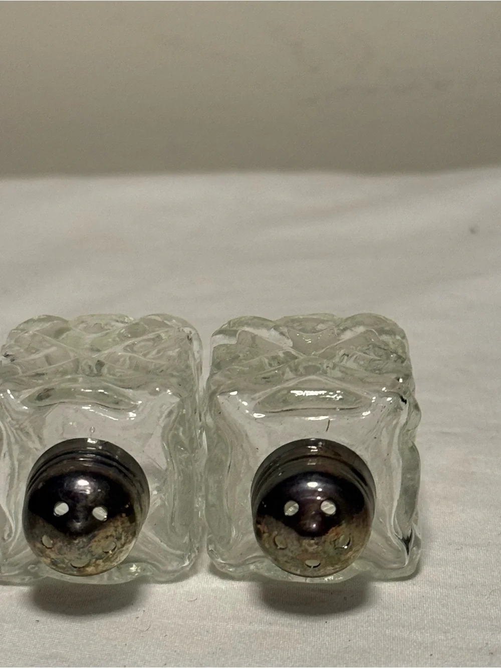 Vintage Pair of Mini Salt Pepper Shakers Cut Glass Diamond Pattern Screw On Tops